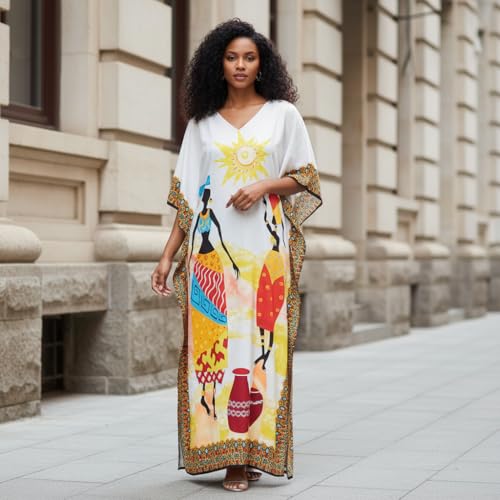 Image of Women Polyester Casual Long Plus Size Beach Caftan Cover Up Maxi Dress 1X-3X Summer Kaftan Dresses for Women