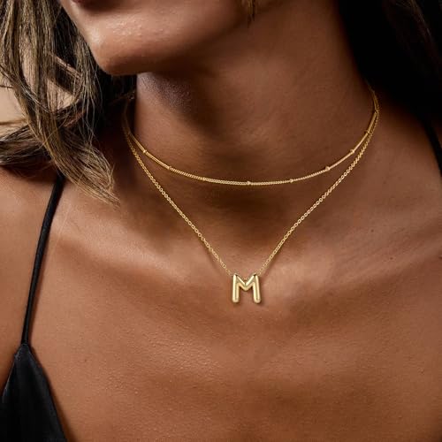 OOOPEL Bubble Initial Necklaces for Women Layered A-Z Alphabet Pendant Necklace 14K Gold Plated Balloon Letter Necklace Dainty Jewelry Gift2