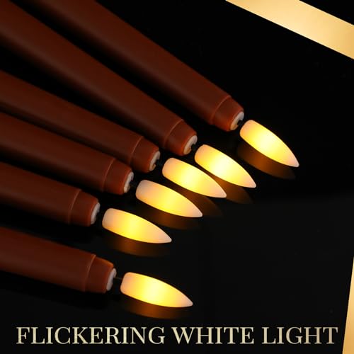 Image of Macarrie 24 Packs Flameless Taper Candles Battery Operated Fake 11 Inch Long Candlelight LED Flameless Candlesticks Flickering Tapered for Summer Fall Wedding(Brown)