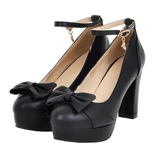 BEAUPAS Women's Buckle Ankle Strap Chunky Heels Platform High Heel Pump Bow Cute Shoes