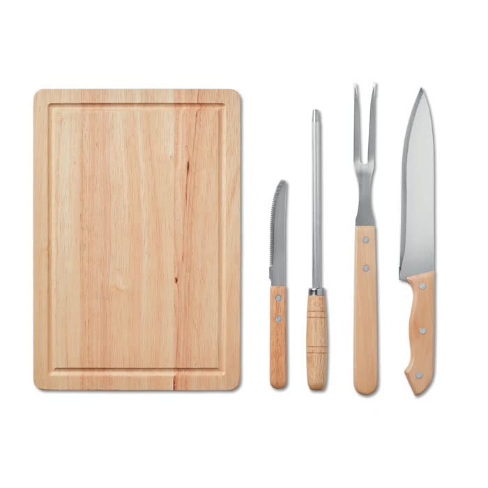 Hochwertiges Edelstahl Grill-BBQ-Set aus 5 Teilen mit Messern, Schneidebrett, Schärfer und Gabel - Schaft und Brett aus Bambus - inklusive Tasche von notrash2003