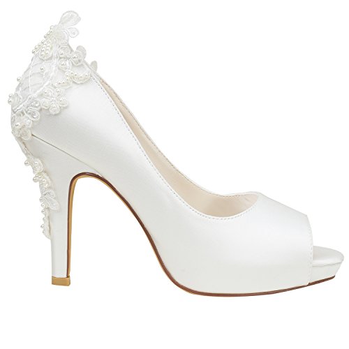 Emily Bridal Ivory Wedding Shoes Silk High Heel Peep Toe Pearls Detail Slip On Pumps3