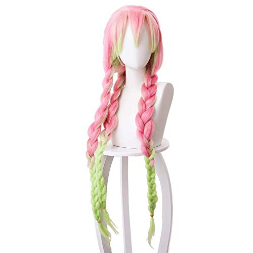AICWDIVA Anime Cosplay Wigs Long Pink Gradient Green Braided Wig Women Girls' Party Hair Wigs for Anime-Fans (Kanroji Mitsuri)