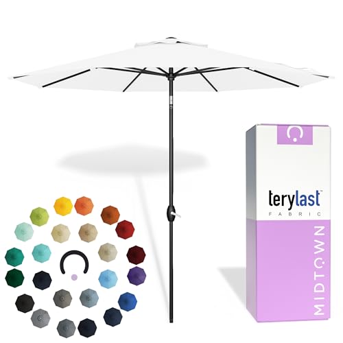 Image of Midtown Umbrellas - 10-Year-No-Fade 10 Ft Patio Umbrella with Terylast Fabric, Auto-Tilt Aluminum Frame and 8 Reinforced Ribs for Deck, Pool, Garden & Beach - Ivory White Canopy, Black Pole