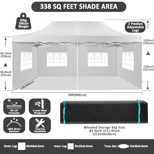 Image of COBIZI 13x26 Pop Up Canopy Tent,Heavy Duty Canopy(White with 6 Sidewalls)