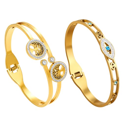 Image of Stylish Gold Plated Bangle for Women | Daily Use Stainless Steel Kada | Anti-Tarnish Waterproof Cuff | Multicolour Crystal Evil Eye | Daily Wear Bracelet For Womens | Premium Gift For Girl