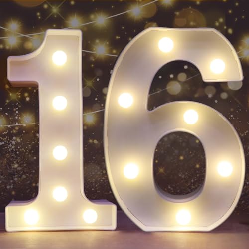 Pooqla Decorative Led Light Up Number Letters, White Plastic Marquee Number Lights Sign 16th Birthday Decorations for Girls Boys Party Wedding Decor Battery Operated Number (16)