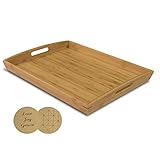 Joy&Grace 100% Bamboo Wood Butler Serving Tray with Handles - Breakfast/Coffee Table Tray, Decorative Ottoman Tray, Serving Platter for Party,17''×13''