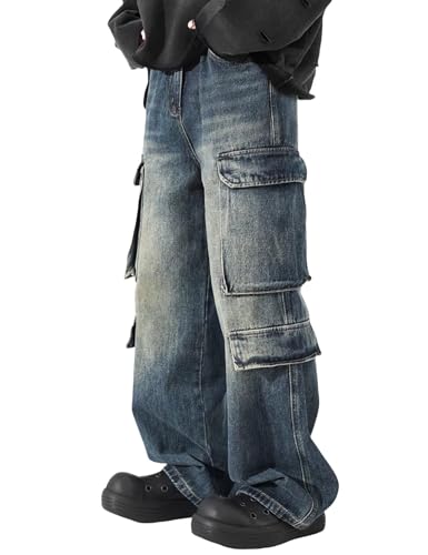 Mens Cargo Baggy Jeans Y2k Fashion Skater Jeans Wide Leg Denim Pants Grunge Streetwear