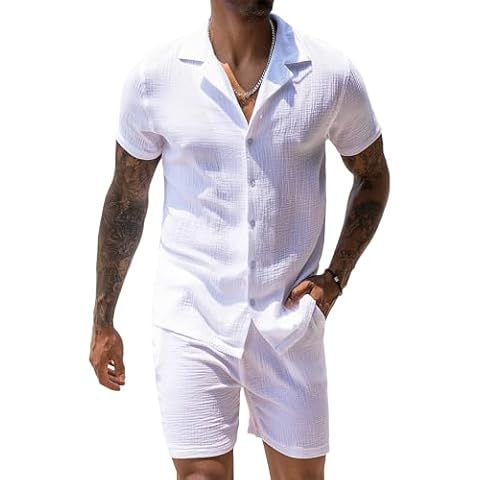 URRU White Mens Sets 2024 Summer Casual Fashion Button Down Shirt and Shorts Beach Tropical Vacation Outfits (A-White, X-Large) Cover
