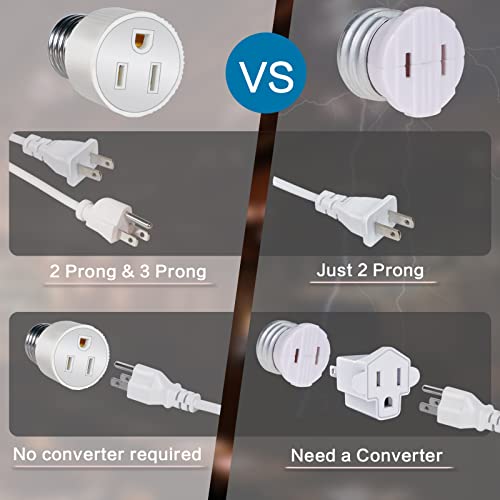 2 Pack 3 Prong Light Socket To Plug Adapter, Light Socket Outlet, E26 Light Socket Adapter, Fcc Listed Polarized Light Bulb Converter Socket Outdoor Heat-Resistant For Patio Garage Utility Rooms #TOP3