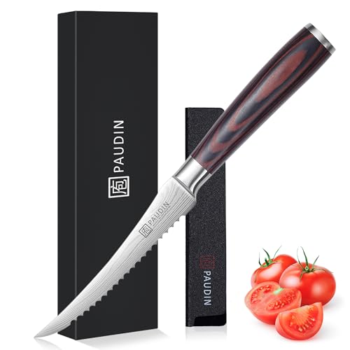 PAUDIN Tomatenmesser 13 CM, Professionelles Küchenmesser für Tomaten, Messer für weiches Obst und Gemüse, Anti-Haft frühstücksmesser, buttermesser mit Scharfes Klinge und Ergonomischer Holzgriff