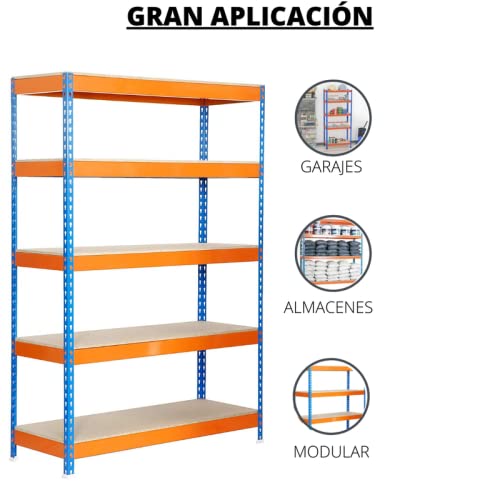 Estantería Modular metálica Reforzada, para Uso Particular y Profesional, 5 Baldas Capacidad de Carga máxima 1000kg. 177cm x 99cm x 45cm. Ideal para garajes, talleres y almacenes.