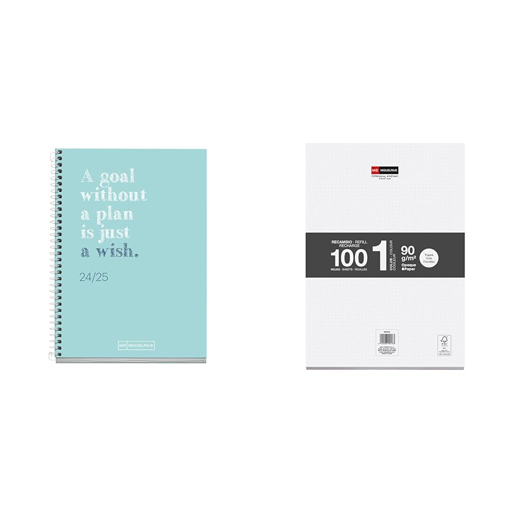 Lote de Miquelrius - Agenda Escolar 2024-2025, 117 x 174 mm, Día Página, Write Azul + Recambio 100 Hojas A4, Puntos Dots, Papel 90 g/m², Sin Taladros