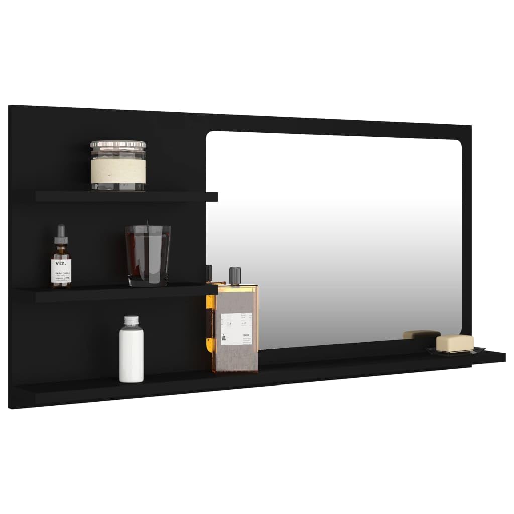 Black Modern Bathroom Wall Mirror with 3 Storage Shelves, 90x10.5x45 cm Wood Engineered Wood & Acrylic Vanity, Space Saving Design for Small Bathrooms, Easy Clean