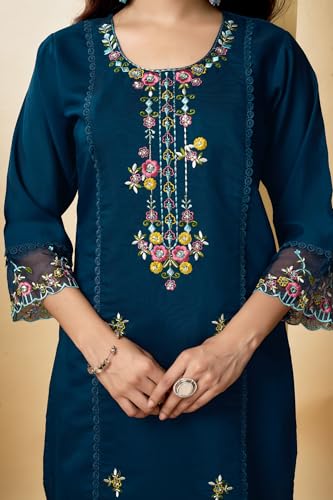 Image of Multi Embroid Kurta Set with Dupatta | Roman Silk Embroidered Kurta Set for Women | Women's Ethnic Casual Kurti Set |Kurta Pant Festive Suit
