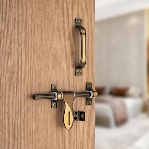 Image of COMPASS Paan Stainless Steel Heavy Single Door Fitting Accessories Full Set /Kit (1 Aldrop, 1 Latch, 2 Handles, 1 Tower Bolt and 1 Door Stopper | 10 inch | Vintage Finish
