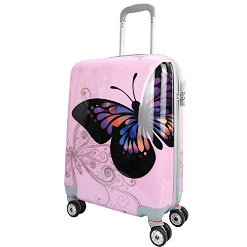 MERCURY TEXTIL-Equipaje de Mano (55cm Super Ligera con 4 Ruedas,con película Protectora Que se Quita,Material Policarbonato) (Mariposa Rosa)
