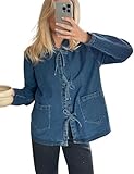 PEHMEA Women's Denim Bow Lace Up Long Sleeve Top Casual Jean Shirts Stand Collar with Pocket Blouses(Denim-S), Small