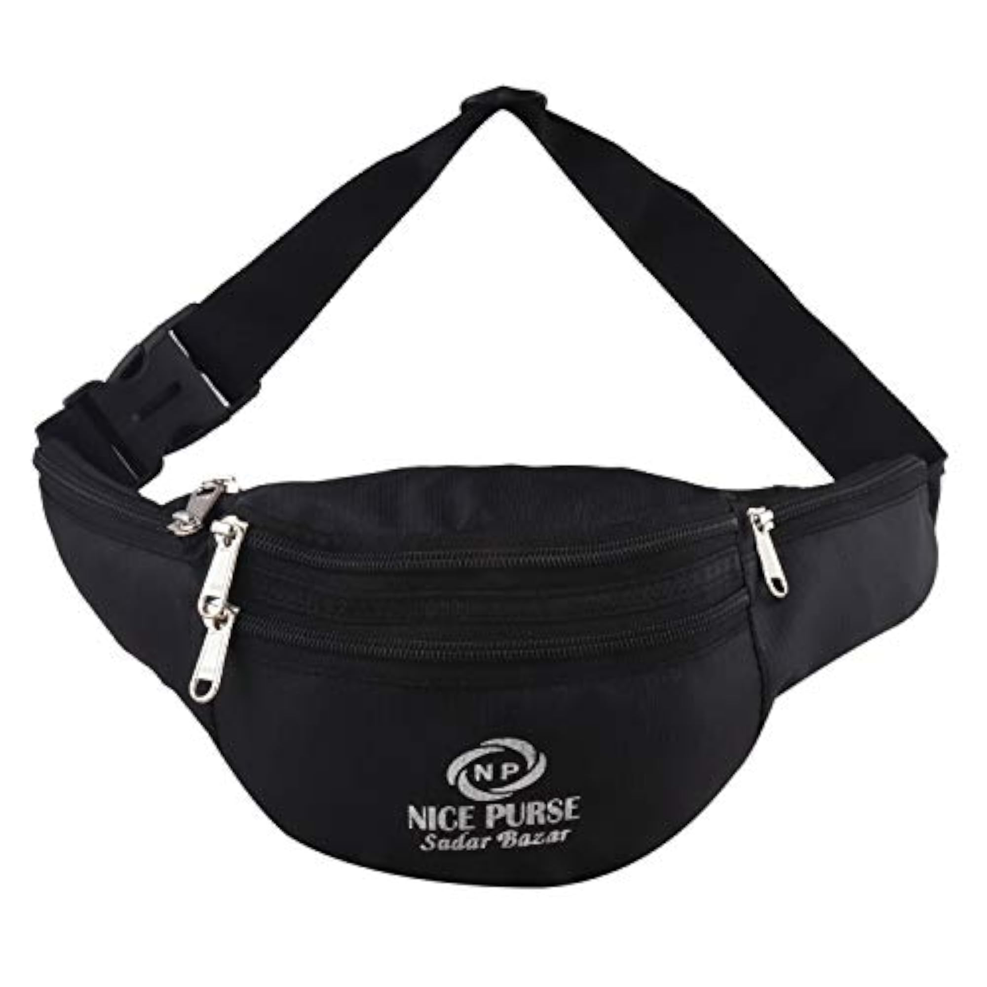 Adjustable Strap Black Polyester Waist Bag, 5 Compartment
