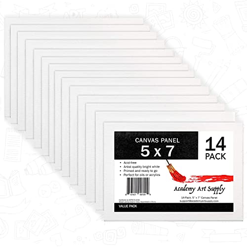 Academy Art Supply Canvases Panels 5 x 7 inch - 100% Cotton Artist Blank Canvas Board for Painting, Pre-gessoed, Primed, Acid-Free Blank Canvas, Perfect for Acrylic and Oil Painting, Pack of 14