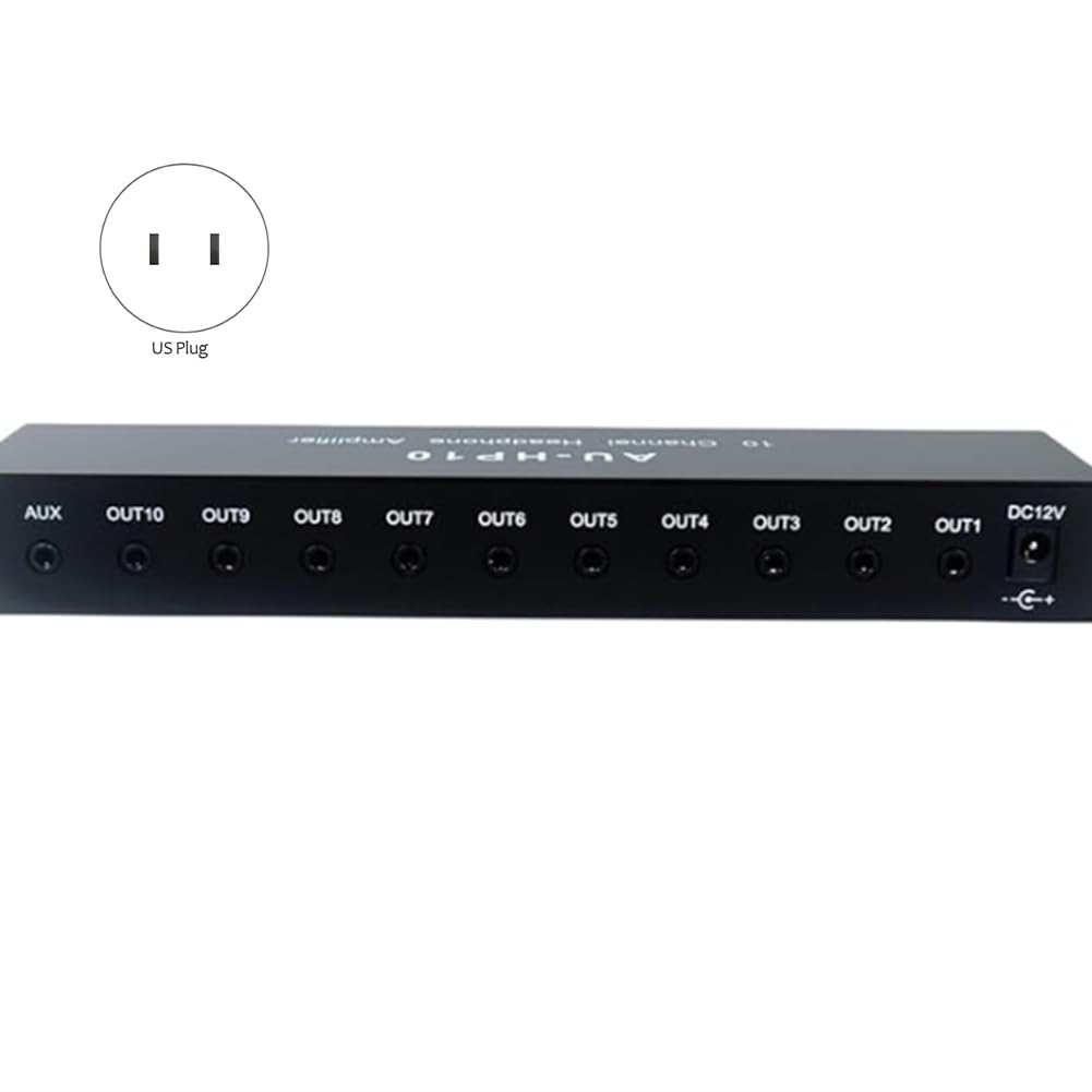 Bloepum AU-HP10 10 Channel Headphone Headset Amplifier Audio Splitter DC 12-24V 20Hz-20KHz 12DB 16-600ohm 3.5mm Jack US Plug