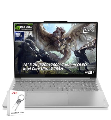 Image of Lenovo Yoga Pro 9i 16 inch 3.2K Tandem OLED Touch Laptop, Intel Core Ultra 9 285H, NVIDIA GeForce RTX 5060 GDDR7, 32GB LPDDR5 RAM,1TB SSD, WiFi7, Backlit KB, Win11, Luna Grey, w /2TB USB Drive, W /GaLiMu