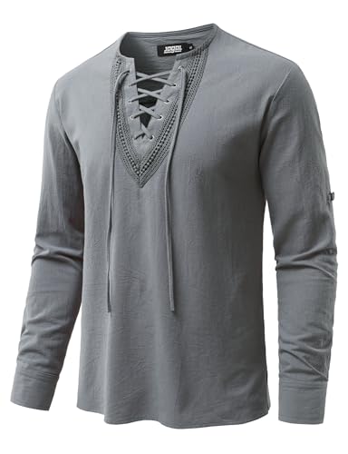 Image of JOGAL Mens Renaissance Shirt Medieval Pirate Viking Halloween Costume Gothic Steampunk Retro Long Sleeve Lace Up Shirts
