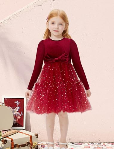 Girl Dress Velvet Long Sleeve Shiny Tulle Fall Winter Dress for Girls Partywear Poster Wine3