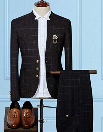 Men's Two Piece Plaid Suit Decorative Buttons Stand Collar Tuxedos2