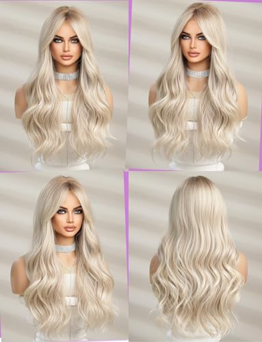 WOKESTAR Long White Blonde Wigs for Women Synthetic Hair Wig with Curtain Fringe, average - Image 2