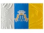 Durabol Bandera Islas Canarias 150 x 90 cm Satén: Material : Satén Uso : Interior y exterior moderado Enganches : Dobladillo para un palo o mástil Acabados :Costura doble y bordes reforzados Embalaje : Envoltorio de plástico