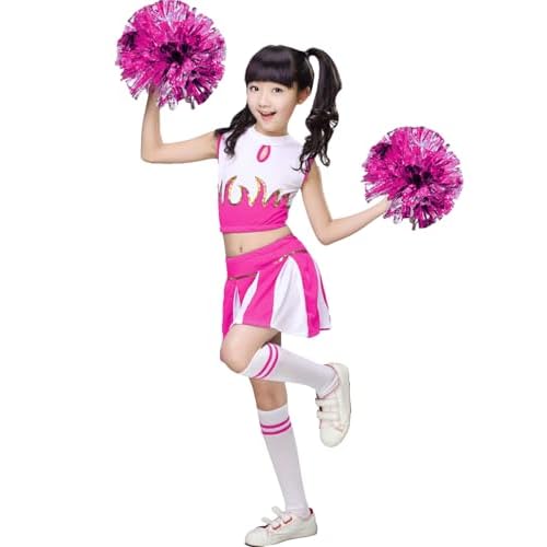 LOLANTA Girls Cheerleader Costume Halloween Cheer Outfit with Pom Pom | 4Pcs Complete Cheerleader Set: Top, Skirt, Socks and Pom Poms, Cheer Outfits for Halloween Cosplay Party Christmas Ros