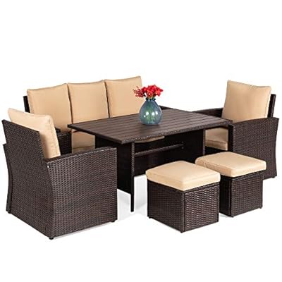 Best Choice Products 7-Seater Conversational Wicker Sofa Dining Table, Outdoor Patio Furniture Set w/Modular 6 Pieces, Cushions, Protective Cover Included - Brown/Beige