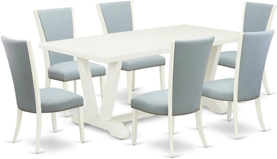 East West Furniture V027VE215-7 7 Piece Dining Table Set Consist of a Rectangle Dining Room Table with V-Legs and 6 Baby Blue Linen Fabric Upholstered Chairs, 40x72 Inch, Multi-Color