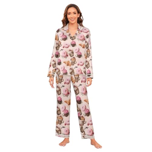 ALAZA Watercolor Cupcake Donut Blueberry Women's Satin Pajama Set Long Sleeve Button Down Sleepwear L Multicolor