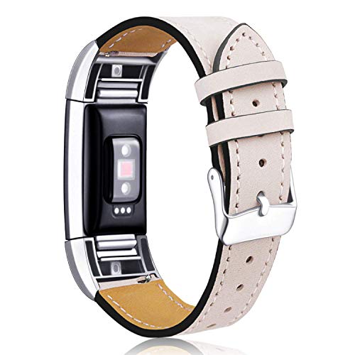 Mornex Replacement Leather Band Compatible with Fitbit Charge 2, Classic Genuine Leather Wristband for Men Women(Beige-Silver Buckle)