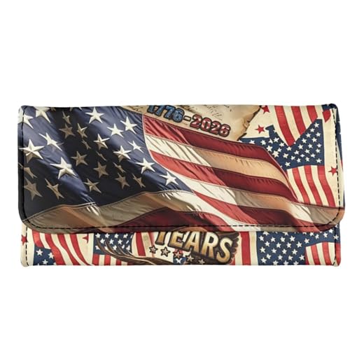 Image of AFPANQZ Womens Wallets Leather Trifold Multi Card Holder Slots Wallet, American 250th Pattern Elegant Clutch Phone Holder Trifold Purses Zip Coins Pocket, Buckle Closure Clutch