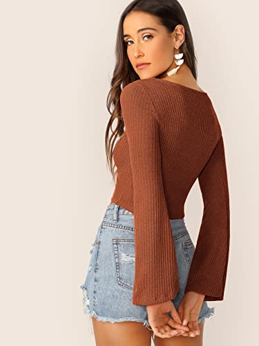 Image of SweatyRocks Women's Adjustable Drawstring String Long Bell Sleeve Rib Knit Sexy Crop Top