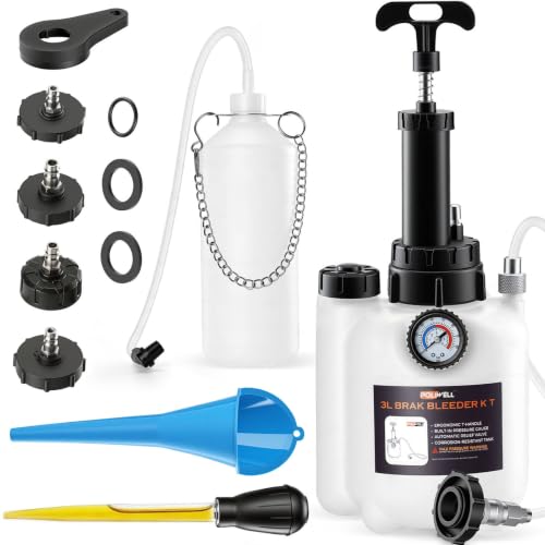 POLIWELL 3L Brake Pressure Bleeder Kit Single-Person Brake Bleeding Tool with T-Handle Manual Pump & 1L Waste Bottle for Auto Maint & Home Garage Brake Fluid Bleeder Kit Includes 4 Upgraded Adapters