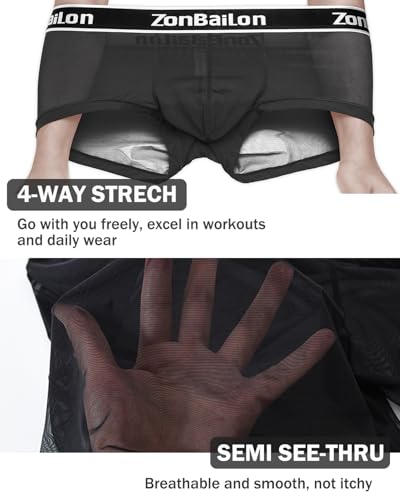 ZONBAILON Mens Sexy Underwear See Through Silk Boxer Pouch Briefs Breathable Mesh Trunks Pack3