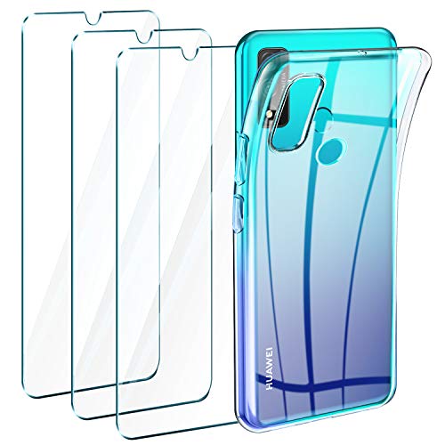 Leathlux Coque Huawei P Smart 2020 Transparente + 3 u00d7 Verre trempé Protection écran, Souple Silicone étui Protecteur Bumper Housse Clair TPU Gel Case Cover Coque pour Huawei P Smart 2020 6.21