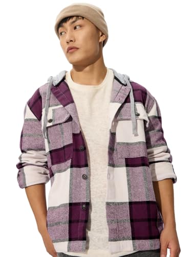 Image of The Souled Store Plaid Hooded Shacket: Mauve Mist Men and Boys Long Sleeves Hooded Neck Button Front Cotton Oversized Shackets