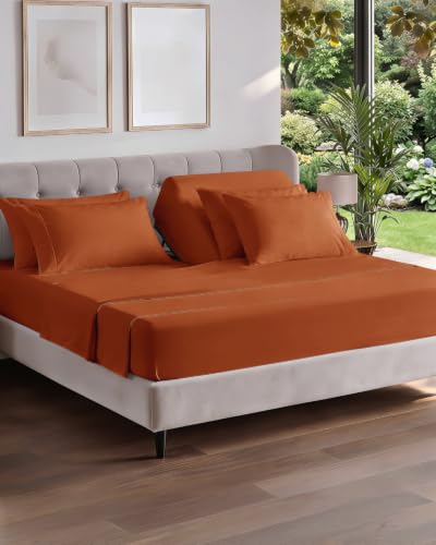 Image of Flex Top Split Head King 6 Piece Sheet Set - Soft & Cooling - Terracotta | Ultra Soft Hotel Luxury Bedding Set w / 8-16 Inch Deep Pockets, 1 Flat & 1 Split-Head Fitted Sheet & 4 Pillowcases, Fade Free