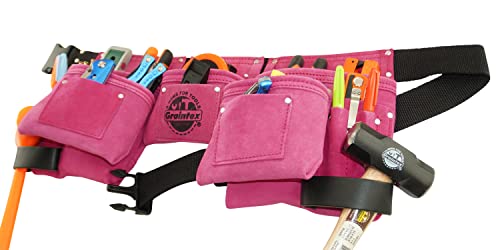 Graintex Ds1118 8 Pocket Pink Tool Belt In Suede Leather With 2” Webbing Belt, 2 Leather Hammer Holders Loops #TOP6