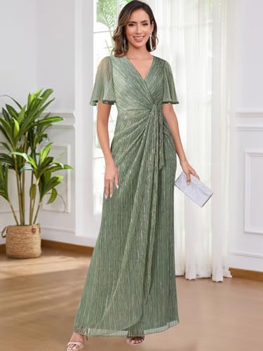 V Neck Formal Mother of The Bride Dresses with Sleeves Long Shiny Sheath Formal Evening Gowns3