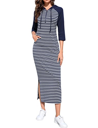 Image of MISSKY Women Casual Pocket Quarter-Zip Neck 3 /4 Sleeve Slim Split Pullover Hoodie Maxi Dress