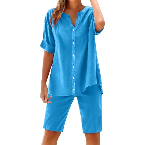 Women's Two Piece Lounge Cotton Linen Matching Sets Summer Casual Short Sleeve V Neck Tops Bermuda Shorts 2 Piece