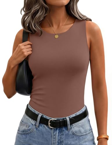 Zeagoo Womens Double Lined Crew Neck Tank Tops Cute Summer Sleeveless Workout Tops Basic Going Out Clothes 2026 Brown