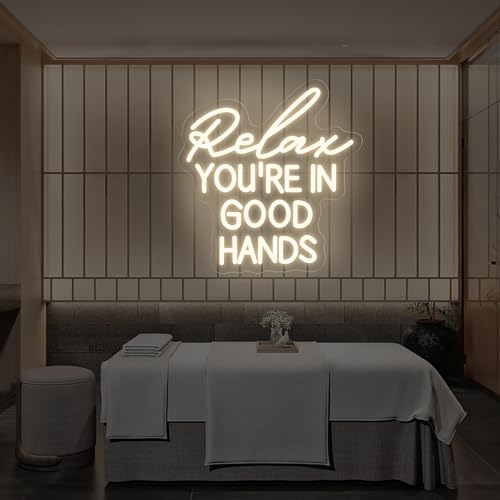 Image of Relax You're In Good Hands Neon Sign Hair Salon Beauty Studio Led Light | USB Powered Dimmable Barber Shop Massage Esthetician Wall Art Decor Gift for Hairdresser 13.8 inchx13 inch